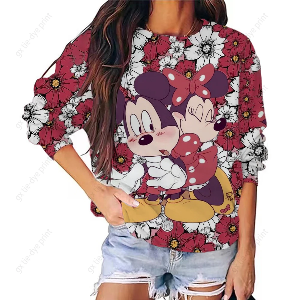 

2023 Disney Autumn New Fashion Casual Cartoon Mickey Mouse and Minnie Print Slim Fit Round Neck Long Sleeve Sweatshirt Hot Sale