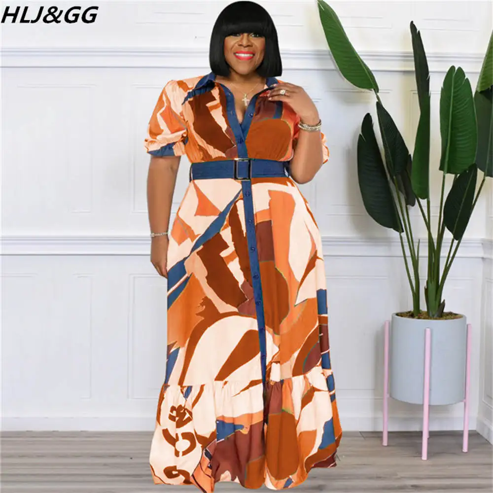 HLJ&GG Eleagnt Office Lady Dress Plus Size For Women Long Sleeve Button Belt Maxi Dress Fashion Print Streetwear Vestidos XL-5XL