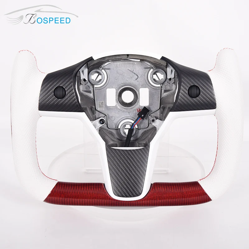 

Car Steering Wheel For Tesla Model 3 X S & Y Yoke Plaid Carbon Fiber White Leather With Trim Buttons