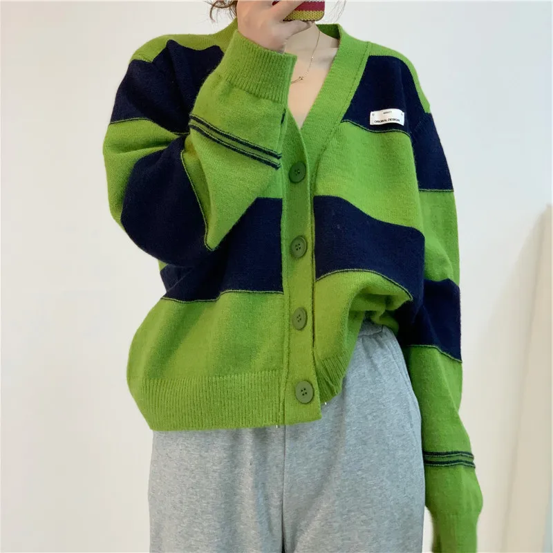 

Autumn Winter New Women Loose V neck Pullover Contrast Color Striped Fashion Knitted Sweater Single Breasted British Style Coat