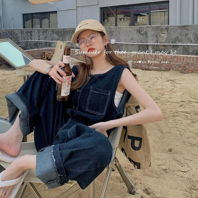 2021 New Denim One Piece Jumpsuits Women Summer Loose Fashion Sleeveless Jeans Playsuits Korean Casual Wide-Leg Overalls