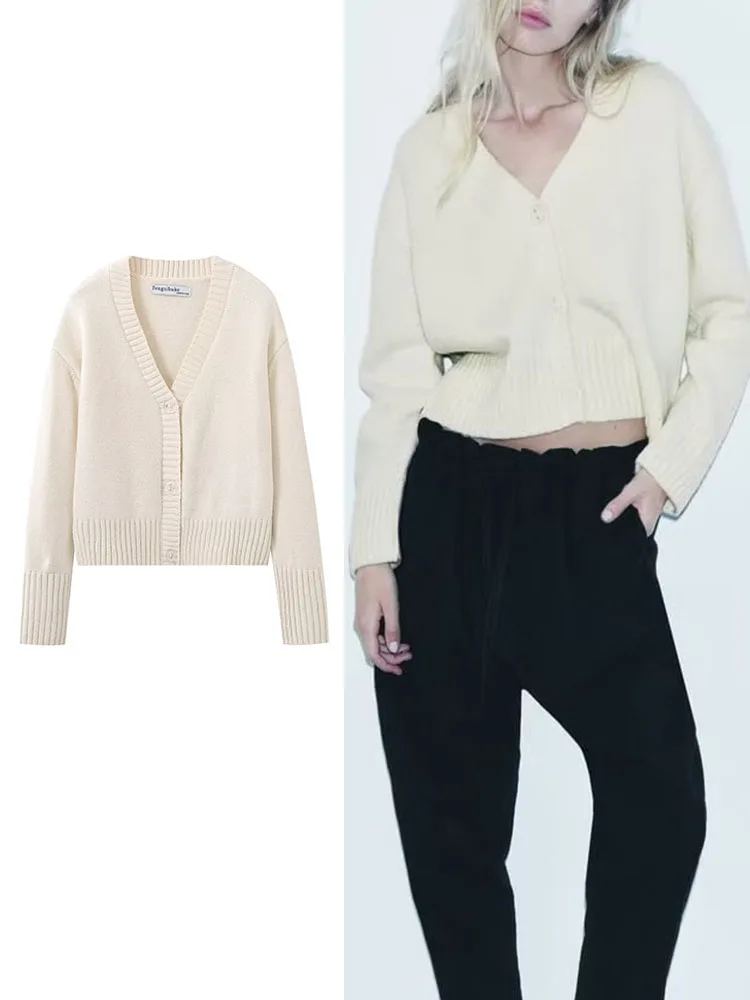 

TRAF Warm Women Solid Knitted Sweater For Women Vintage Long Sleeve V-neck Cardigan Tops Fashion Soft Single-Breasted Coat