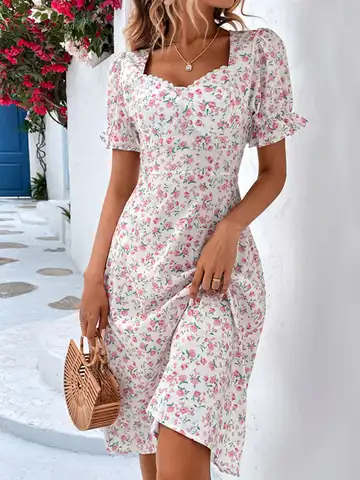 Fashion Floral Dress for Women 2023 Summer Casual Short-sleeved Waist Slim Midi Dresses Women's Beach Party Holiday Wind Dress