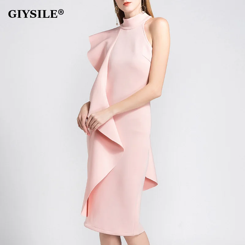 

GIYSILE Elegant Turtleneck Ruffles Evening Guest Long Party Dresses for Women 2022 Summer Sexy White Bodycon Midi Dress Vestidos