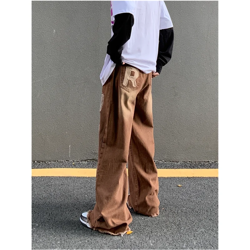 Men's Wear New Pattern Recreational Vintage Nostalgia Brown Jeans Straight Cylinder Loose Applique Street Trousers Autumn Female