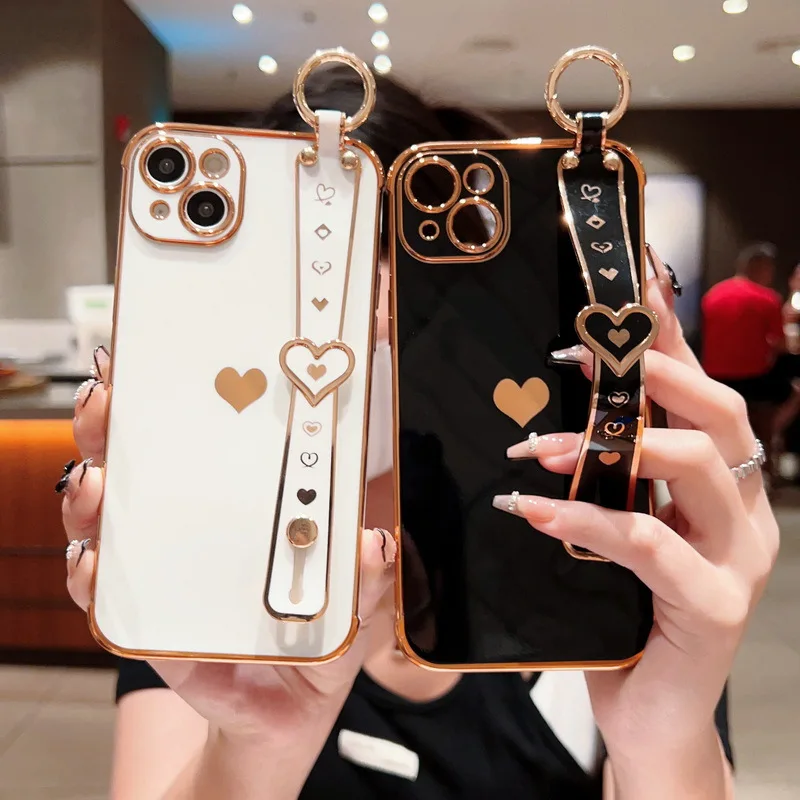 

Luxury Plating Wrist Strap Stand Phone Case For iPhone 11 12 13 14 Pro Max 14 Plus Love Heart Back Cover