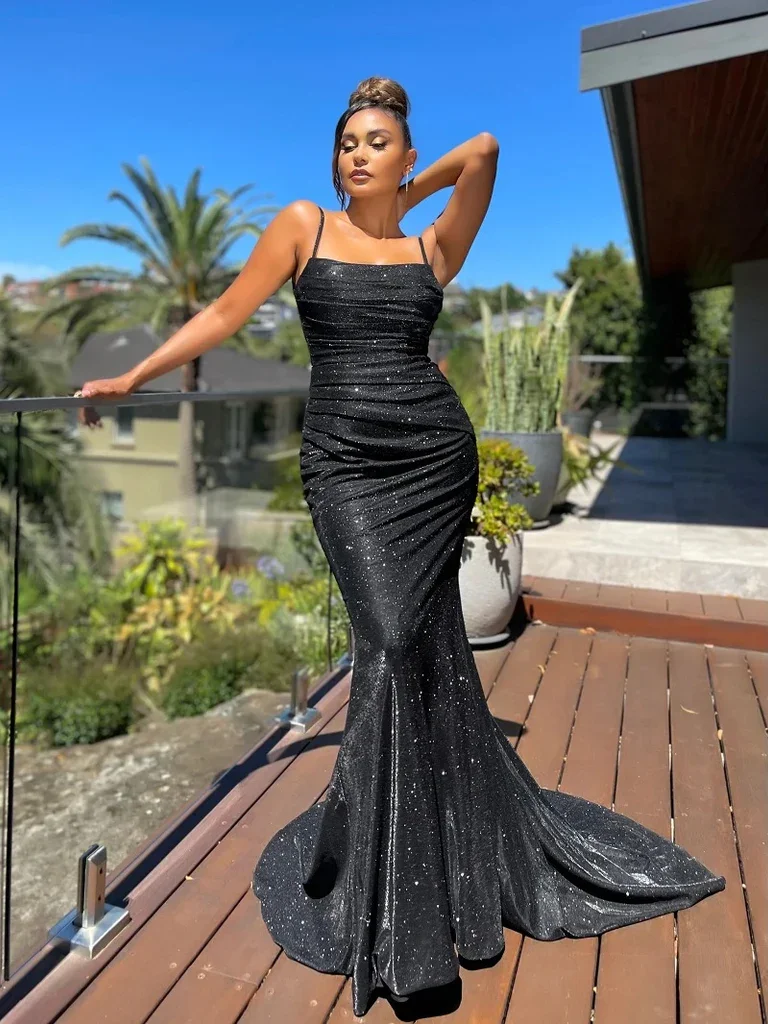 

Classic Mermaid Prom Gown Sparkly Pleat Ruched Women Formal Occasion Dresses Sexy Spaghetti Straps Backless Robe De Soirée