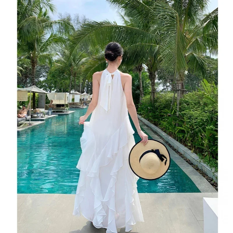 Платье с лямкой на шее и рюшами по краям летние каникулы женские пляжные брюки