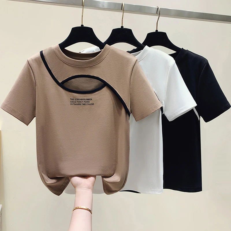 

Korean Fashion Womens Clothing 2023 Summer Hollow Out Cotton T Shirt Women Slim Letter Print Tshirts Short Sleeve Tops Female
