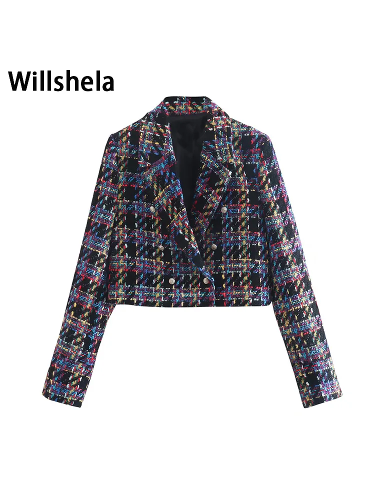 Женский двубортный укороченный пиджак Willshela, винтажный офисный пиджак с длинным рукавом и вырезом