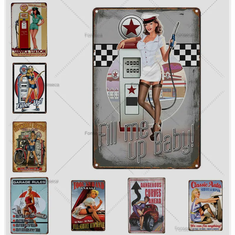 

Gas Station Girl Tin Sign Sexy Ladies Motor Oil Art Wall Decor Festive Bar Cafe Bar Party Garage Auto Shop Metal Painting
