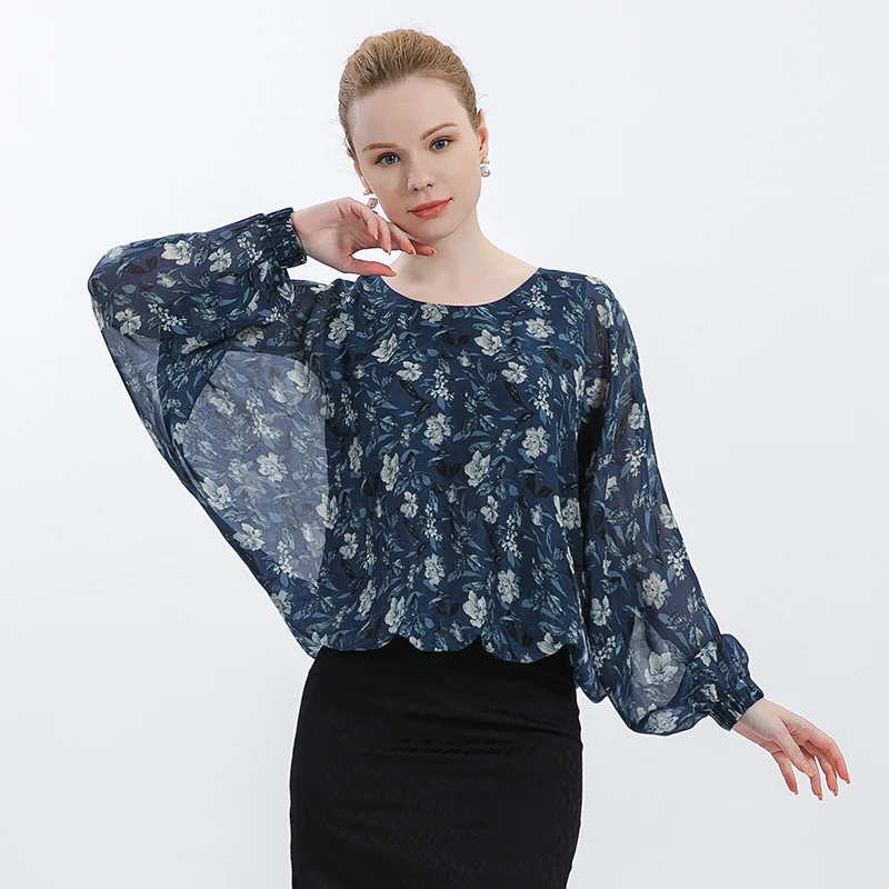 

Silk Print Oversized Dolman Sleeves Elegant O-Neck Georgette Elasticated Cuff Graphic T Shirts Oversized Woman Tshirts BS1068