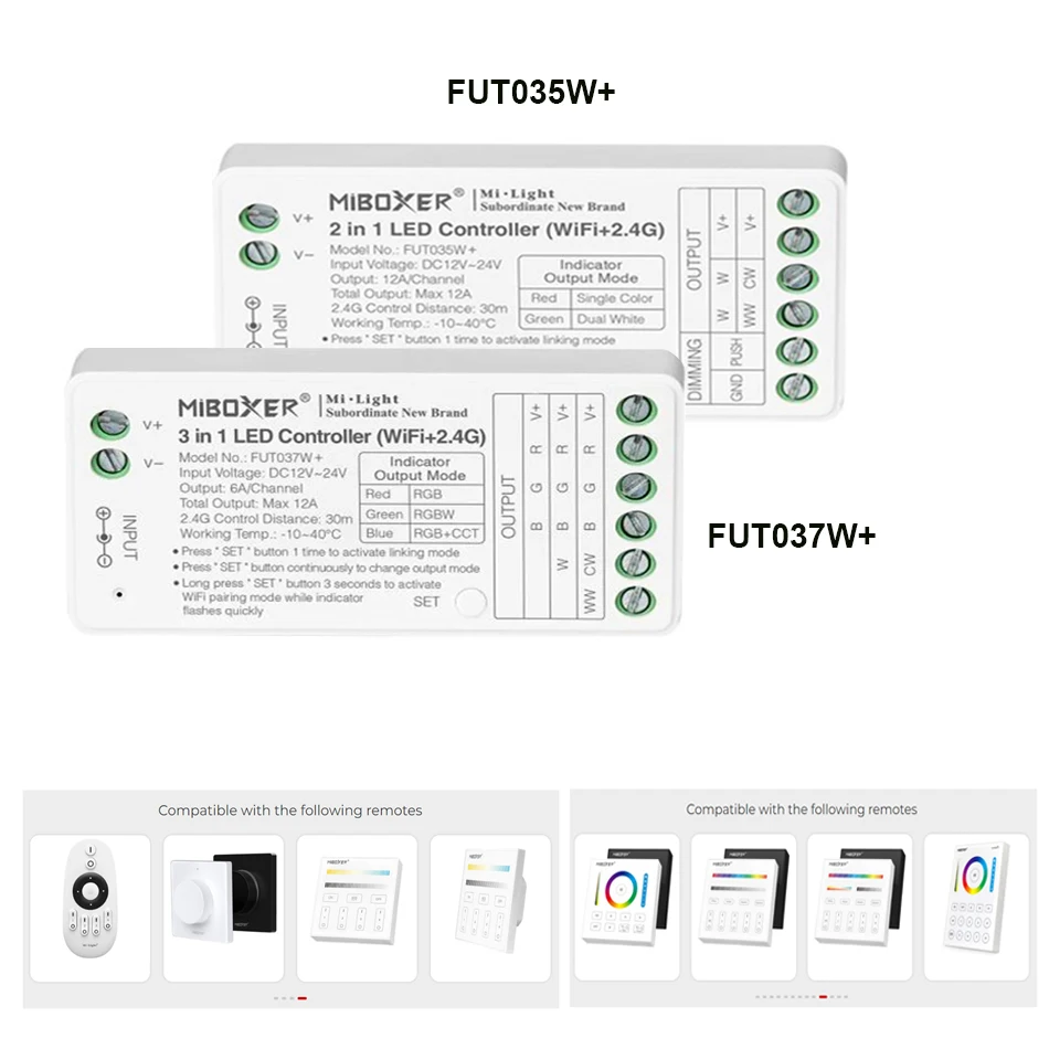 

Miboxer Tuya APP умный контроллер WiFi + 2,4G FUT035W + 2 в 1 FUT037W + 3 в 1 DC12-24V Одноцветный двойной белый RGB RGBCCT LED stirp