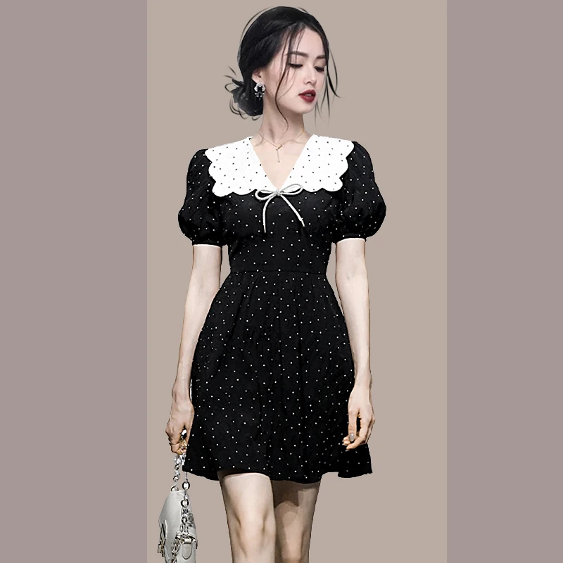 

Женское шифоновое платье в горошек, черное элегантное винтажное платье-мини в горошек, вечерний наряд на лето