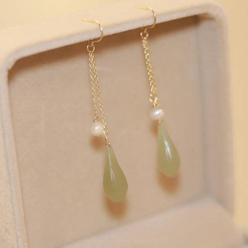 

Minar Vintage Multi Styles Green Color Hetian Jade Natural Stone Long Dangle Earrings for Women Freshwater Pearl Tassel Earring
