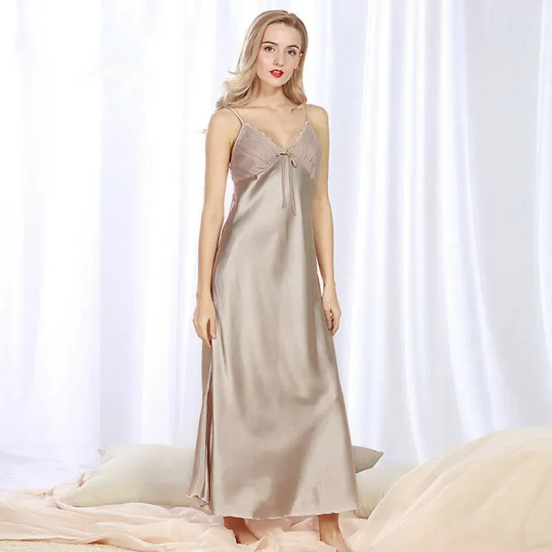 Sexy Silk Satin Night Dress Sleeveless Nighties V-neck Bow Nightgown Long Nightdress Lace Sleepwear Nightwear For Women