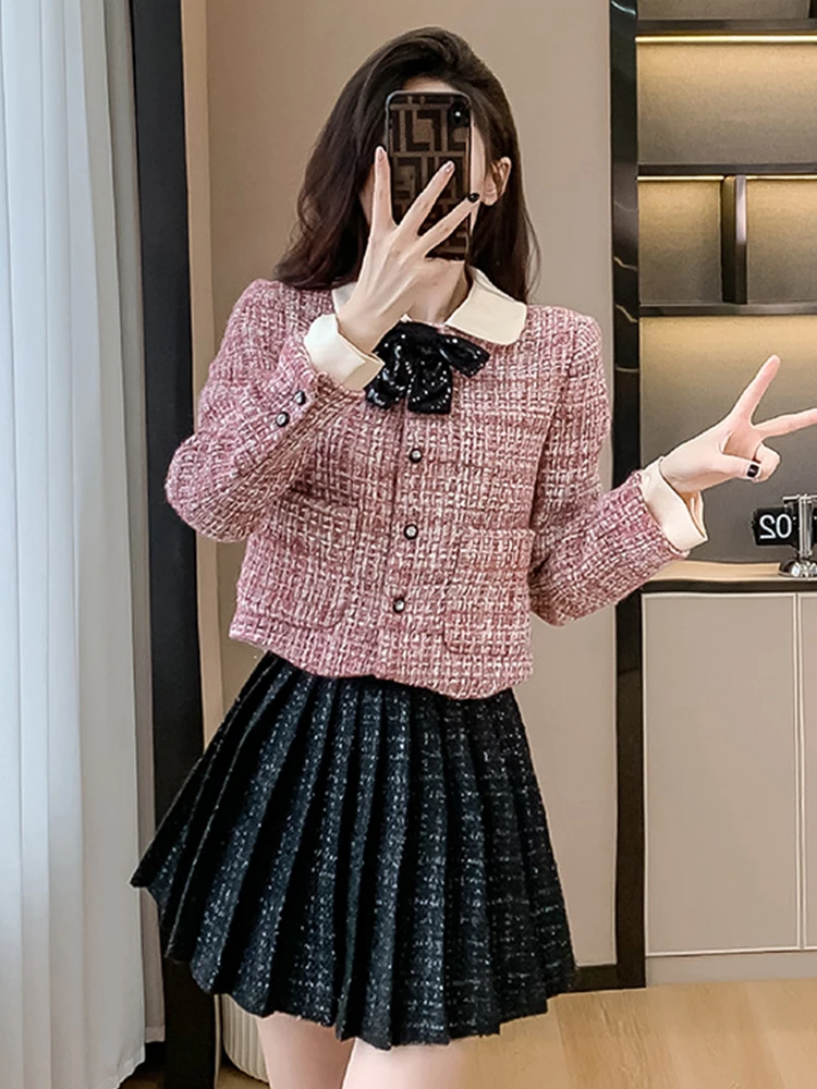 

Fashion Ladies Sweet 2 Pieces Outfit Women Clothes Vintage Short Coat Jacket Outwear And High Waist Mini Pleated Skirt Mujer Set