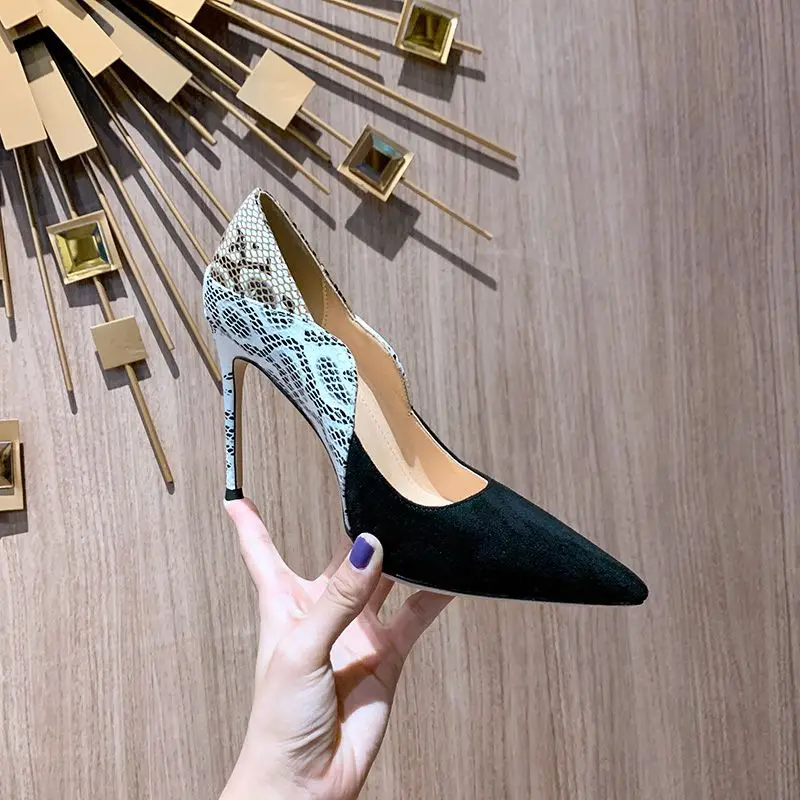 Spring and summer new color contrast pointy suede single shoes thin high heels banquet dress versatile large small women's shoes