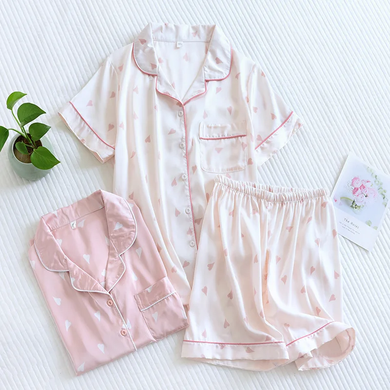 New Summer Viscose Pajamas For Women Sleeping Clothing Heart-Shape Printed Pyjamas Sleepwear Set For Female Loungewear