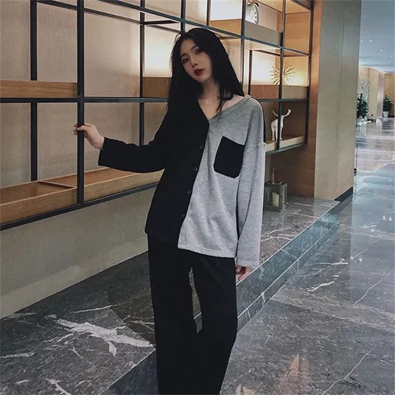 Sweet Pajamas Set Sexy Sleepwear For Women Elastic Pyjama Women's Autumn Fashion V-Neck Shirt Splicing Homewear Japanese Style