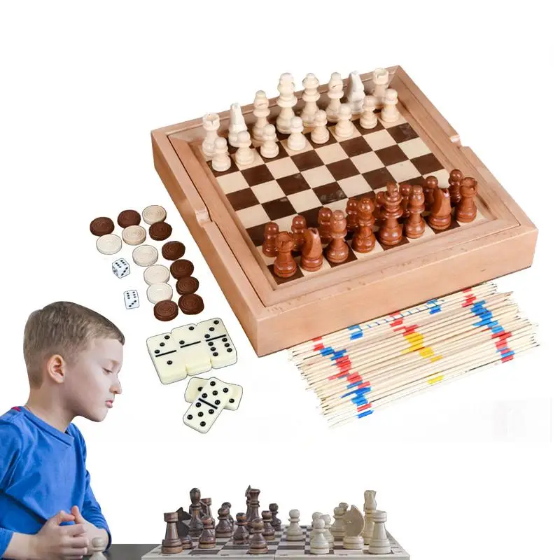 

Wood Board Games Chess And Checkers Board Game 5 In 1 Checkers Set With Storage Drawer Board Games For Kids And Adults Travel
