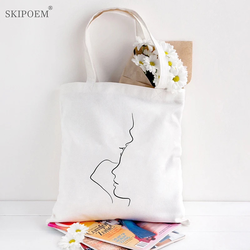 

Shoulder Tote Bag Shopper Bags Reusable Eco Handbags Women's Couple Kissing Line Art Casual Cartoon Harajuku Kawaii Teacher Gift