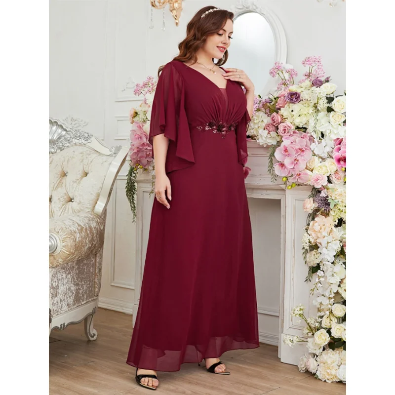 Plus Size Rose Red Chiffon Short Sleeve Summer Evening Dress Party Prom Elegant Luxury Plus Size 5XL6XL Women's Dresses