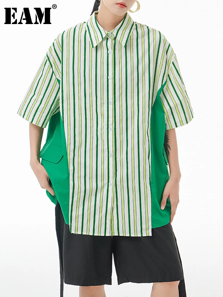 

[EAM] Women Orange Striped Big Size Blouse New Lapel Half Sleeve Loose Fit Shirt Fashion Tide Spring Summer 2023 1DE8159