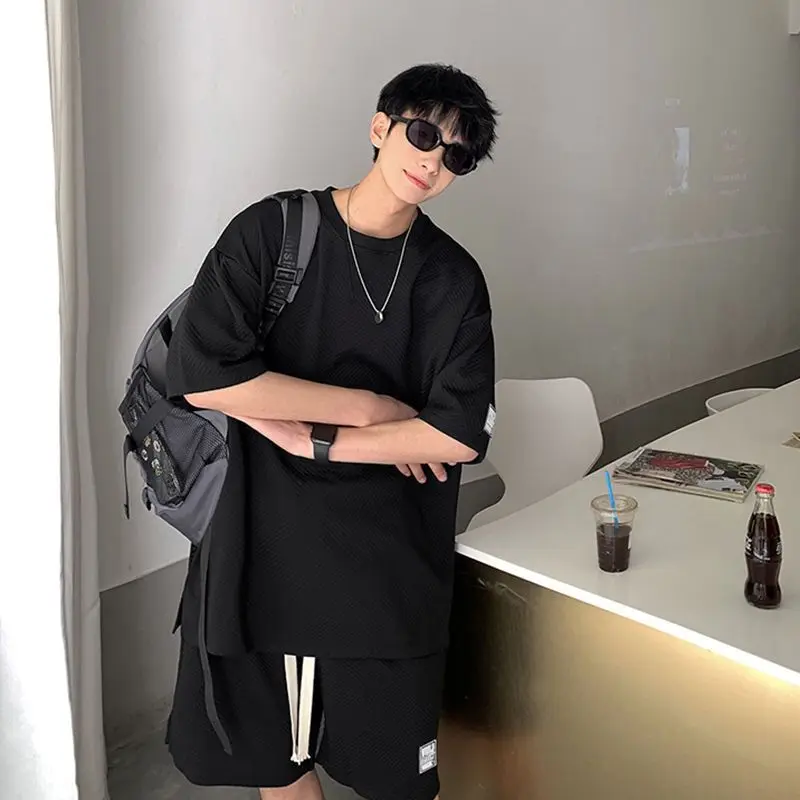 Summer Unisex Asual Suit Men's Hong Kong Style Short SleeveT-shirt Korean Streetwear Casual Preppy Shorts Two Piece Set 2023 New