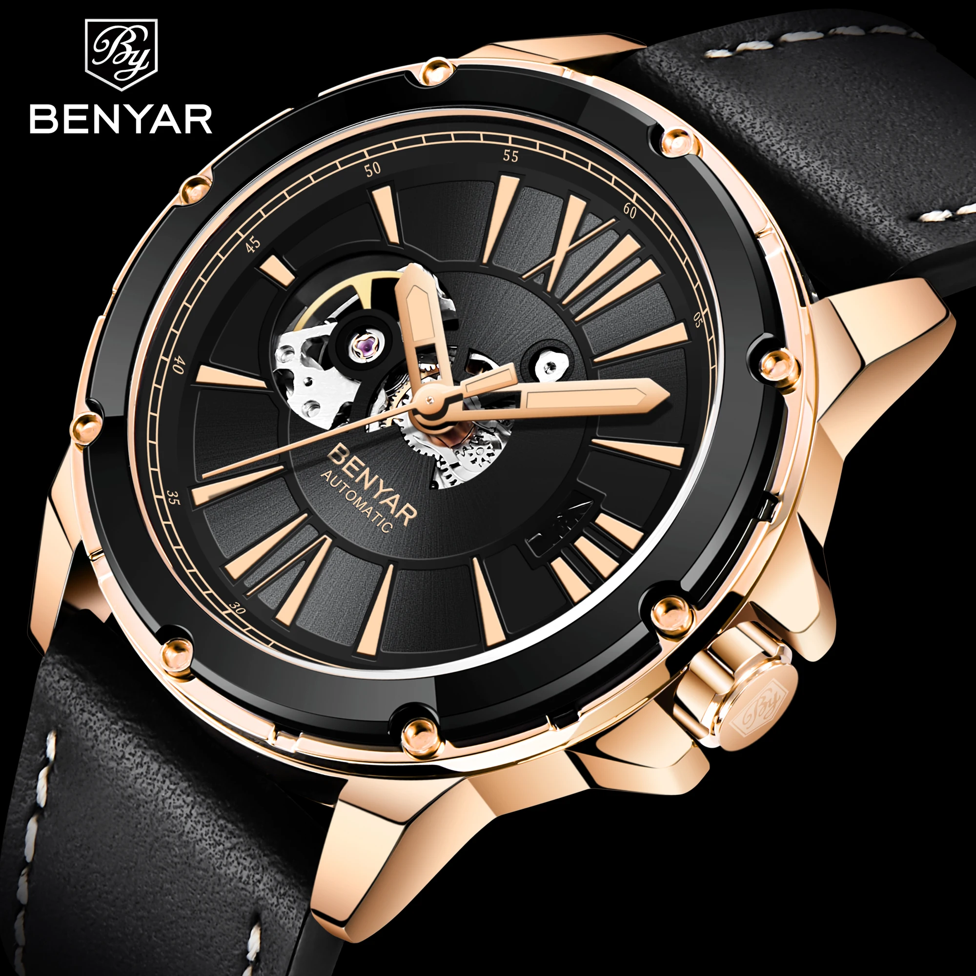 BENYAR Automatic Mechanical Watch Top Luxury Brand Watches Men's Business Fashion Leather Strap Waterproof Wristwatches Reloj