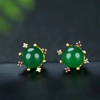hot selling natural hand carved gold color 24k inlay jade gypsophila earrings studs fashion jewelry men women luck gifts