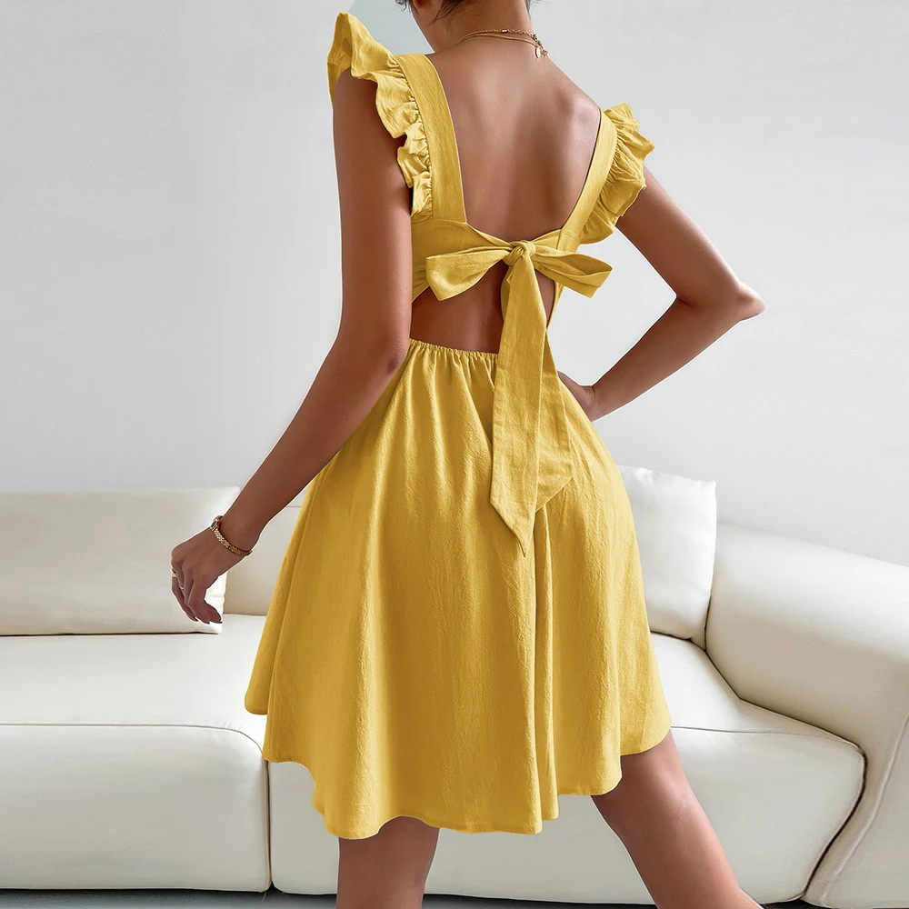 

Women Casual Dress 2022 New Arrival Backless A-Line Dresses Summer Yellow Square Neck Mini Sexy Party Dress Evening Club Outfits