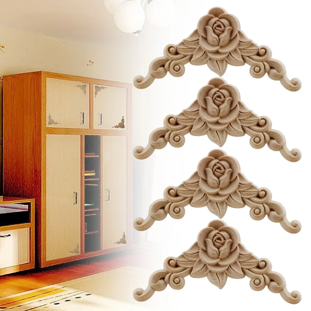 

4Pcs Wood Carved Natural Floral Wooden Figurines Crafts Corner Appliques Frame Wall Door Furniture Woodcarving Decorative