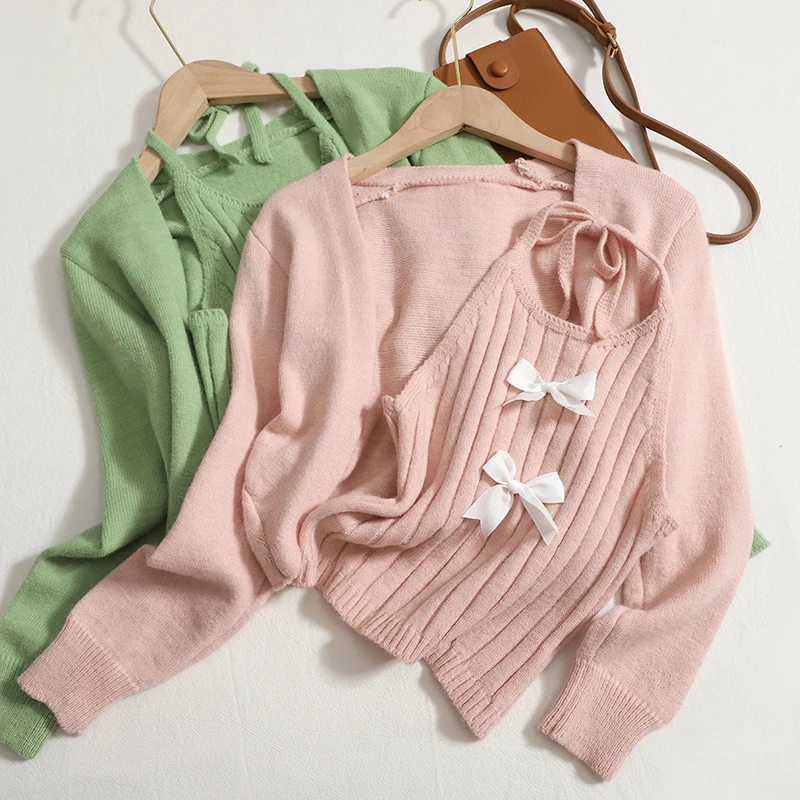 

Женский трикотажный кардиган с длинным рукавом, жилет с бантом на шее, короткий топ, комплект из двух предметов, осень 2022