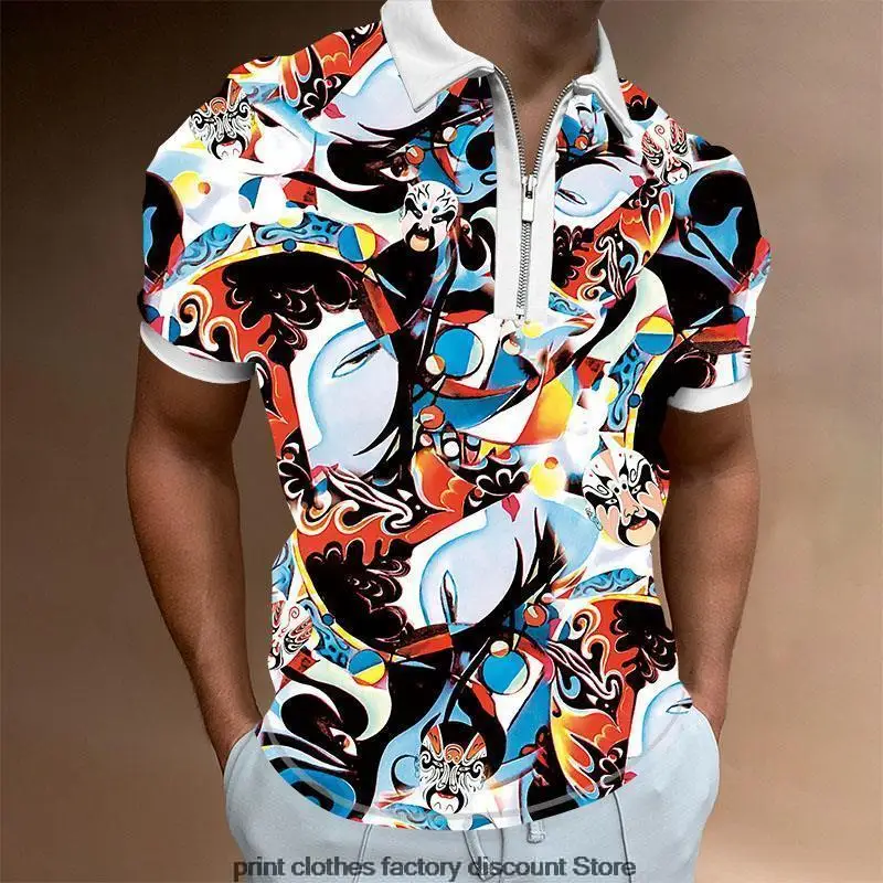 

Fashion Short Sleeve Tops For Men Casual Turn-down Collar Zip-up Polo Shirts 2022 Summer 3D Print Tee Patchwork Loose Streetwear