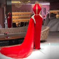 red elegant sexy caftan evening dress halter floor length crystals tulle with train special occasion prom dress custom made