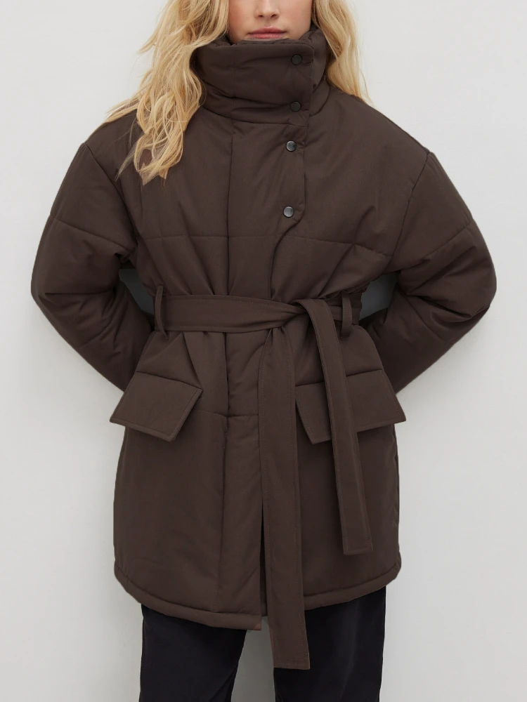 Warm Women's Winter Parkas 2022 Oversize Straight Thick Button Casual Cotton Padded Coat Soft Beige Jacket With Belt For Women