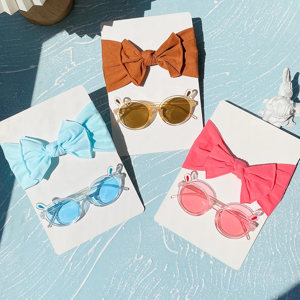

2Pcs Lovely Seaside Headwear Baby Bows Headband Set Cute Girl Sunglasses Elastic Nylon Hair Bands Protection Glasses Accessories
