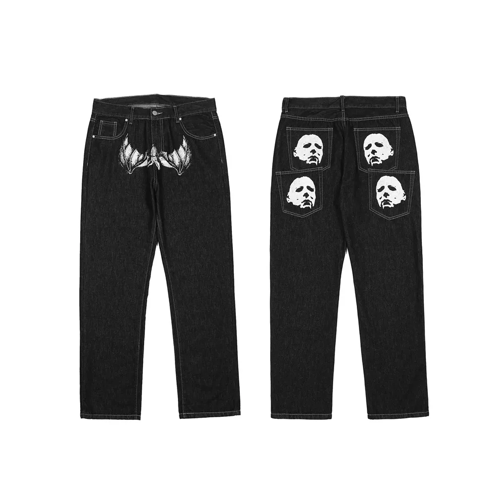 Baggy Black Jeans Y2k Men Portrait Print Straight Leg Loose Casual Pants Ovesized High Street Denim Trouser Male Bananas Graphic