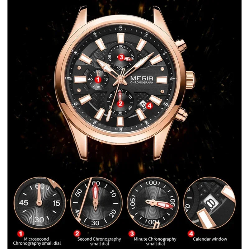 MEGIR New Fashion Mens Watches Chronograph Waterproof Stainless Steel Date Sports Quartz Watch Men Top Brand Luxury Wristwatch