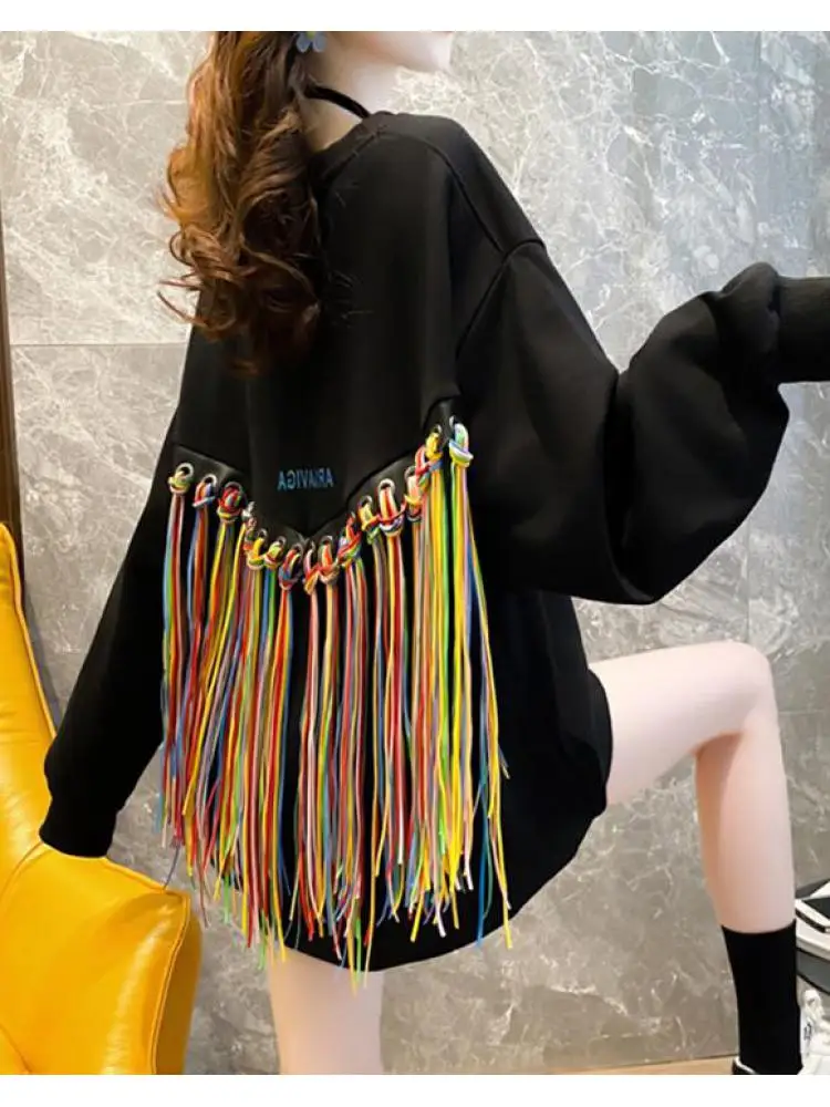 

Getspring Women Hoodies Black White Color Matching Irregular Tassel Hoodies Ladies Hoodie Long Sleeve Loose Casual 2022 Spring