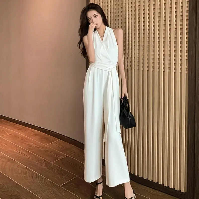 Jumpsuit 2023 New Summer Long High Waist Lace Up Slim Pants Children's Wide Leg Pants Fashion Hanging Neck Jumpsuit