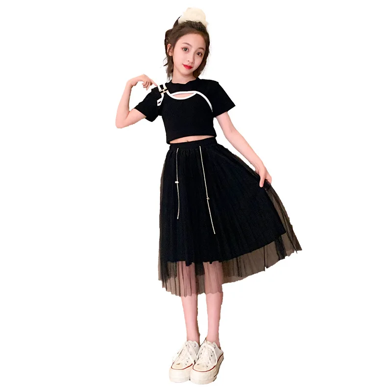 

Teen Girls Clothes Fashion Casual Set Summer Korean Crewneck Black Crop Top + Mid-length Mesh Skirt 2pcs Streetwear Outfit 4-14Y