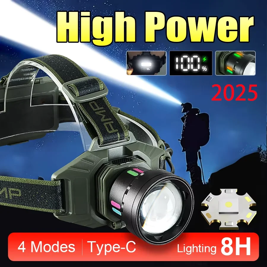 2025 Самая мощная светодиодная фара TYPE-C, перезаряжаемая через USB ...