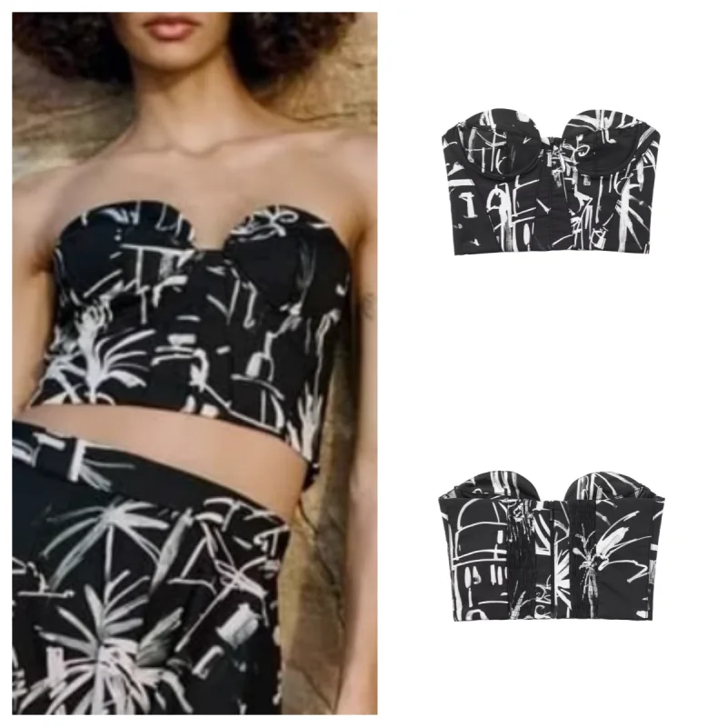 

Новинка лета 2023, привлекательный тонкий Топ без бретелек, подходящий ко всему черный топ с принтом