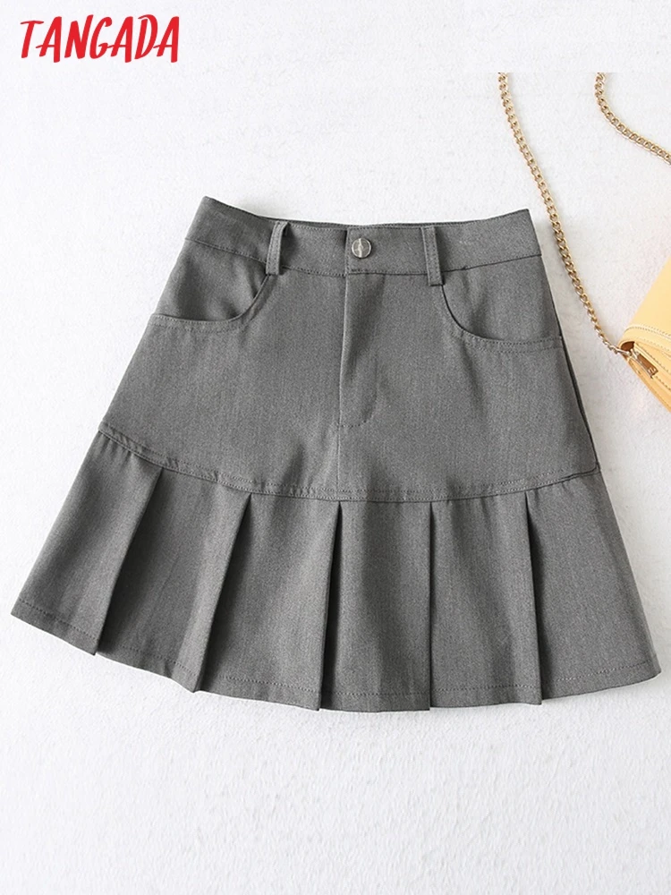 

Tangada 2022 Women Gray Pleated Skirts Faldas Mujer Zipper French Style Female Mini Skirt YU221