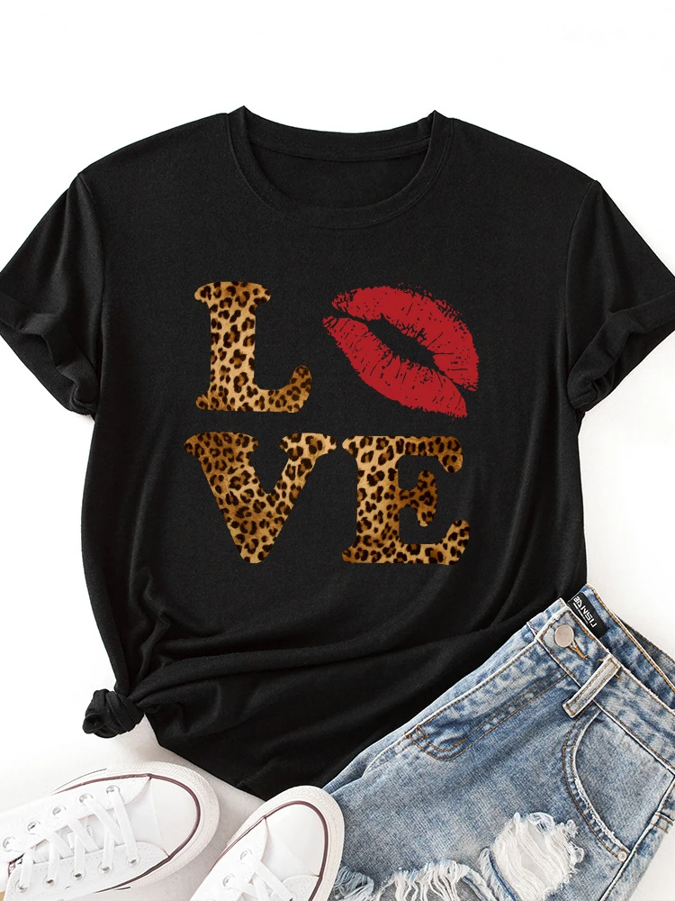 

Leopard Love Red Lip Print T Shirt Women Short Sleeve O Neck Loose Tshirt Summer Women Tee Shirt Tops Clothes Camisetas Mujer