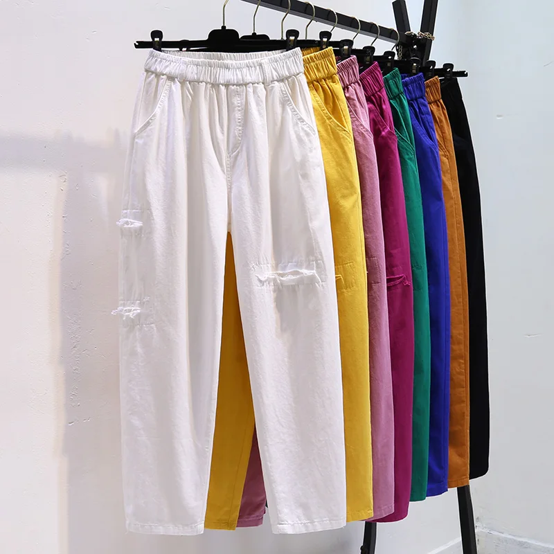 

White Ripped Straight Nine-Point Casual Pants Women 2023 Summer Thin High-Waisted Loose-Fitting Radish Harem Pants Female H2444