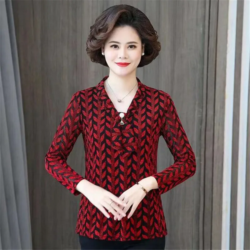 

Middle-aged Mothers Bottoming Shirt Fashion Female Spring and Autumn Long Sleeve Blouse Tops Womens Bright Silk Bow Neck Shirts
