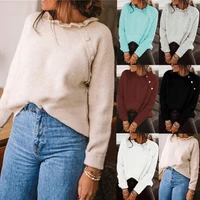 2022 autumn and winter new fashion pullover loose solid color button knitted sweater lotus leaf collar long sleeved top women